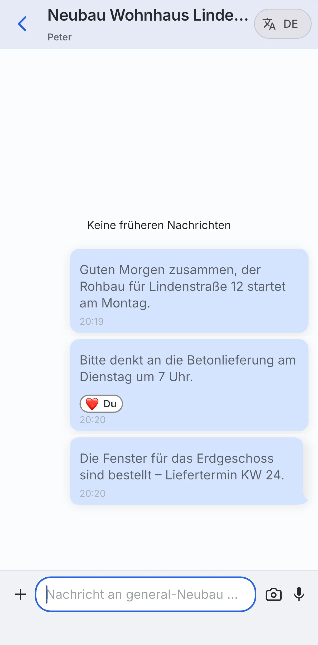 Skava: eine Nachricht mit der Reaktion Herz, darunter die Markierung Du
