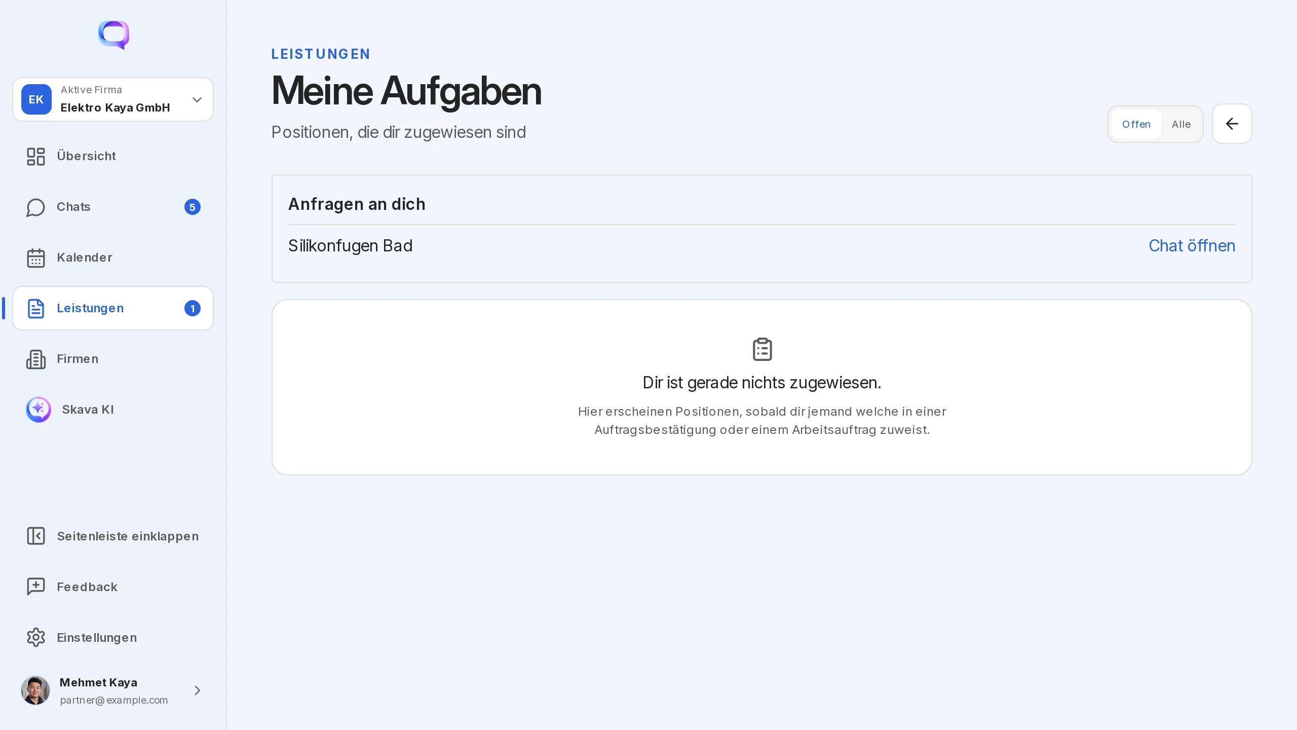 Skava Webapp: Meine Aufgaben mit einer persönlichen Anfrage
