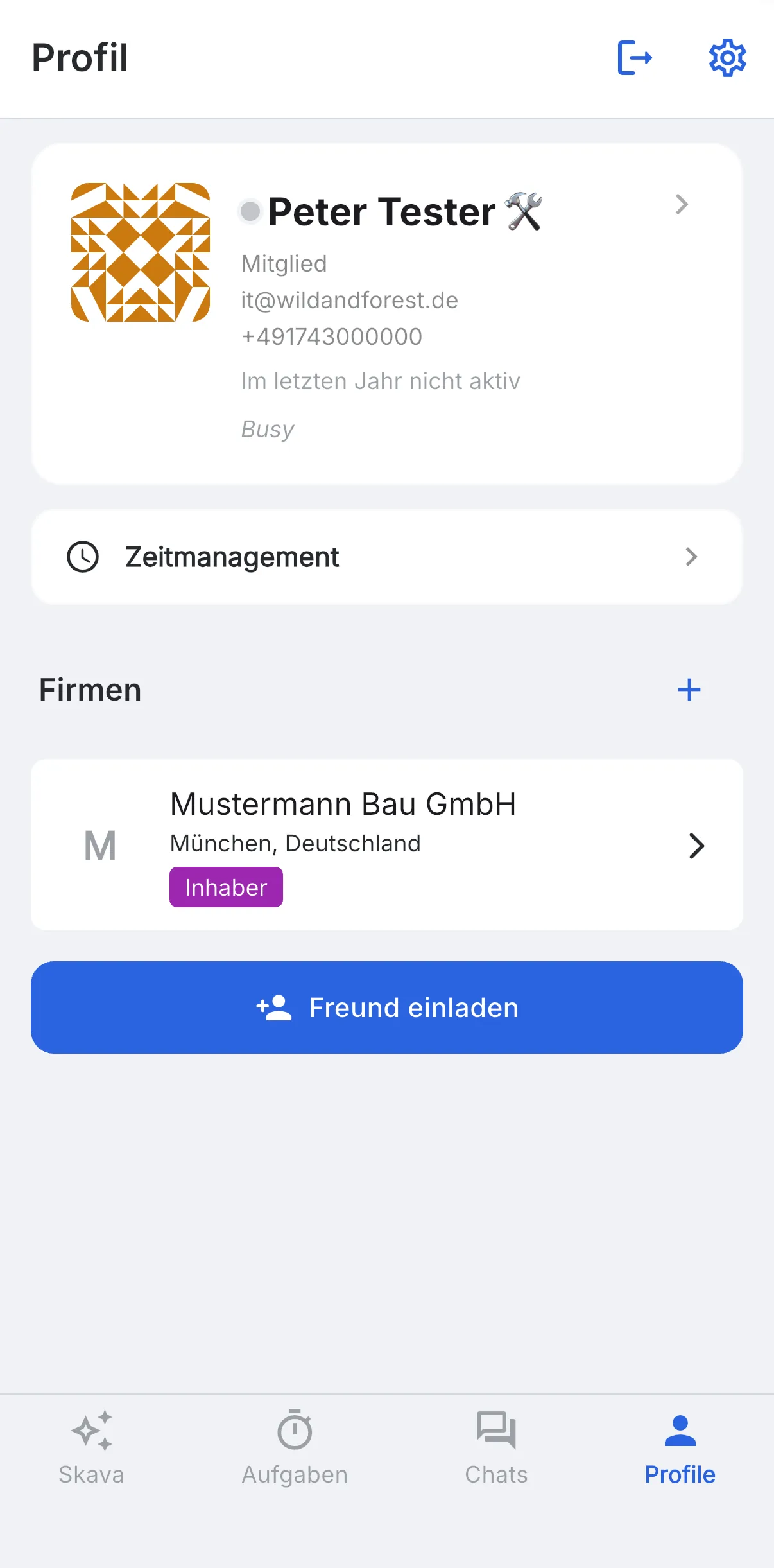 Skava: Profil-Tab mit einer angelegten Firma Mustermann Bau GmbH im Abschnitt Firmen