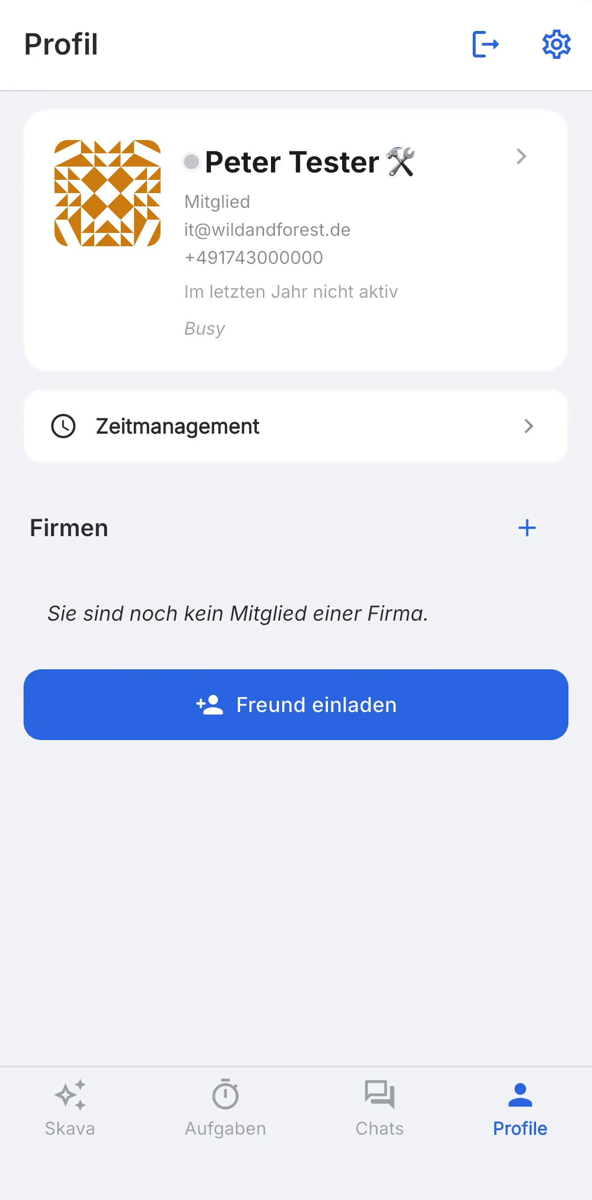 Skava iOS-App: der Profil-Tab mit Profilkarte, Zeitmanagement und Firmen