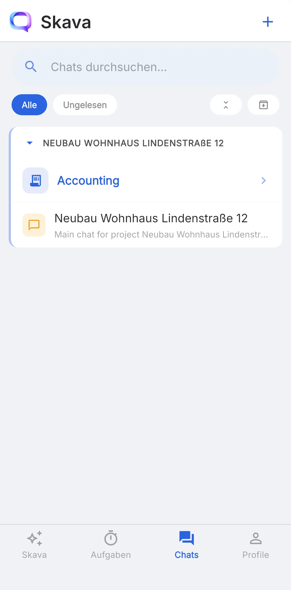 Skava: aufgeklapptes Projekt Neubau Wohnhaus Lindenstraße 12 mit den Subchats Accounting und Allgemein