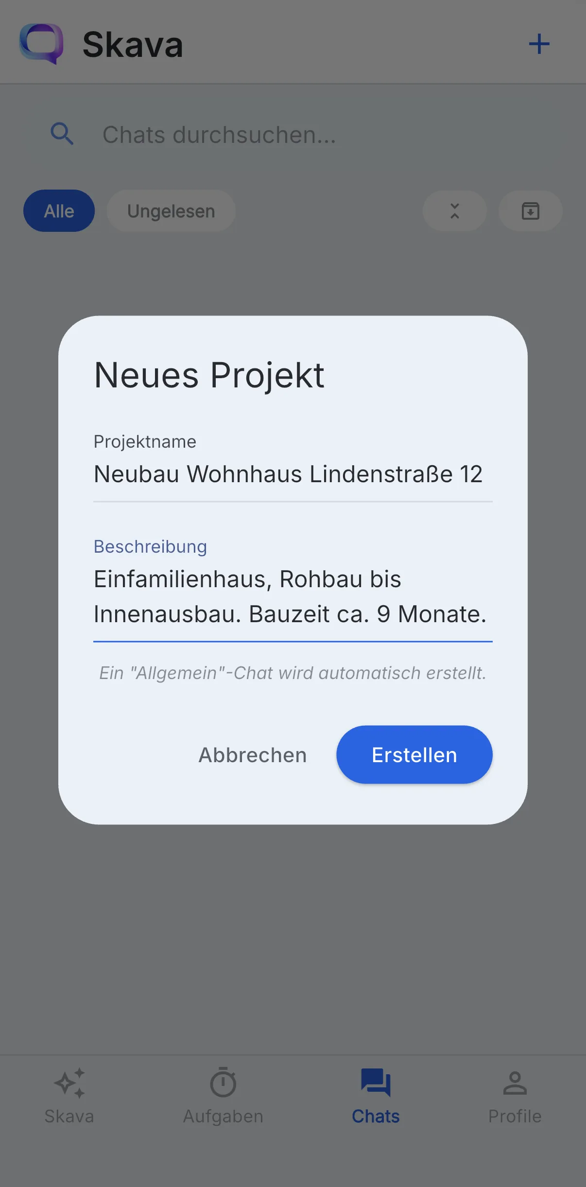 Skava: Dialog Neues Projekt mit ausgefülltem Projektnamen Neubau Wohnhaus Lindenstraße 12 und Beschreibung