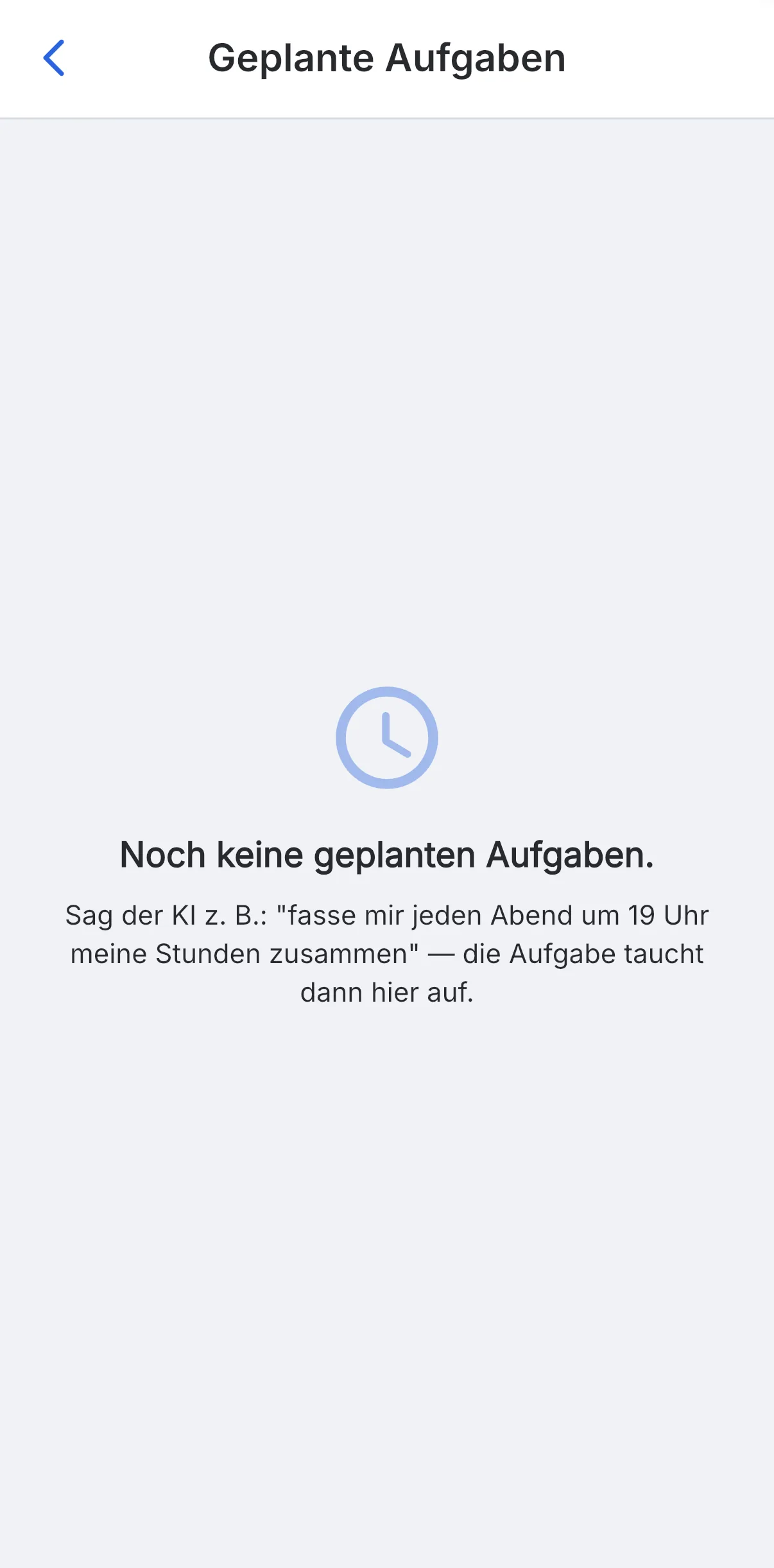 Skava: die Seite Geplante Aufgaben des KI-Assistenten im Leerzustand mit einem Beispiel