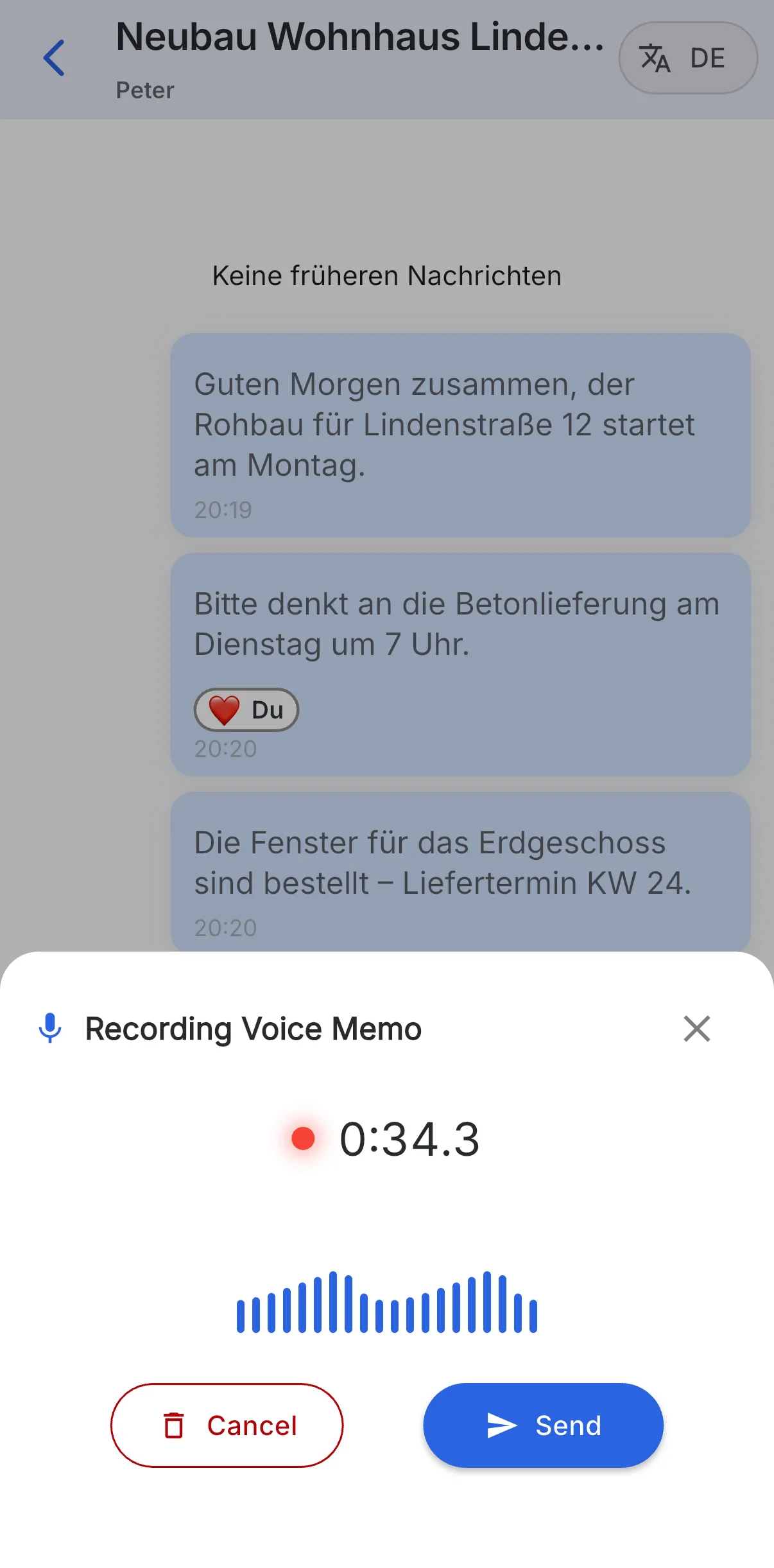 Skava: die Aufnahmeansicht eines Sprachmemos mit laufender Zeitanzeige, Tonwellen-Anzeige und den Schaltflächen Abbrechen und Fertig