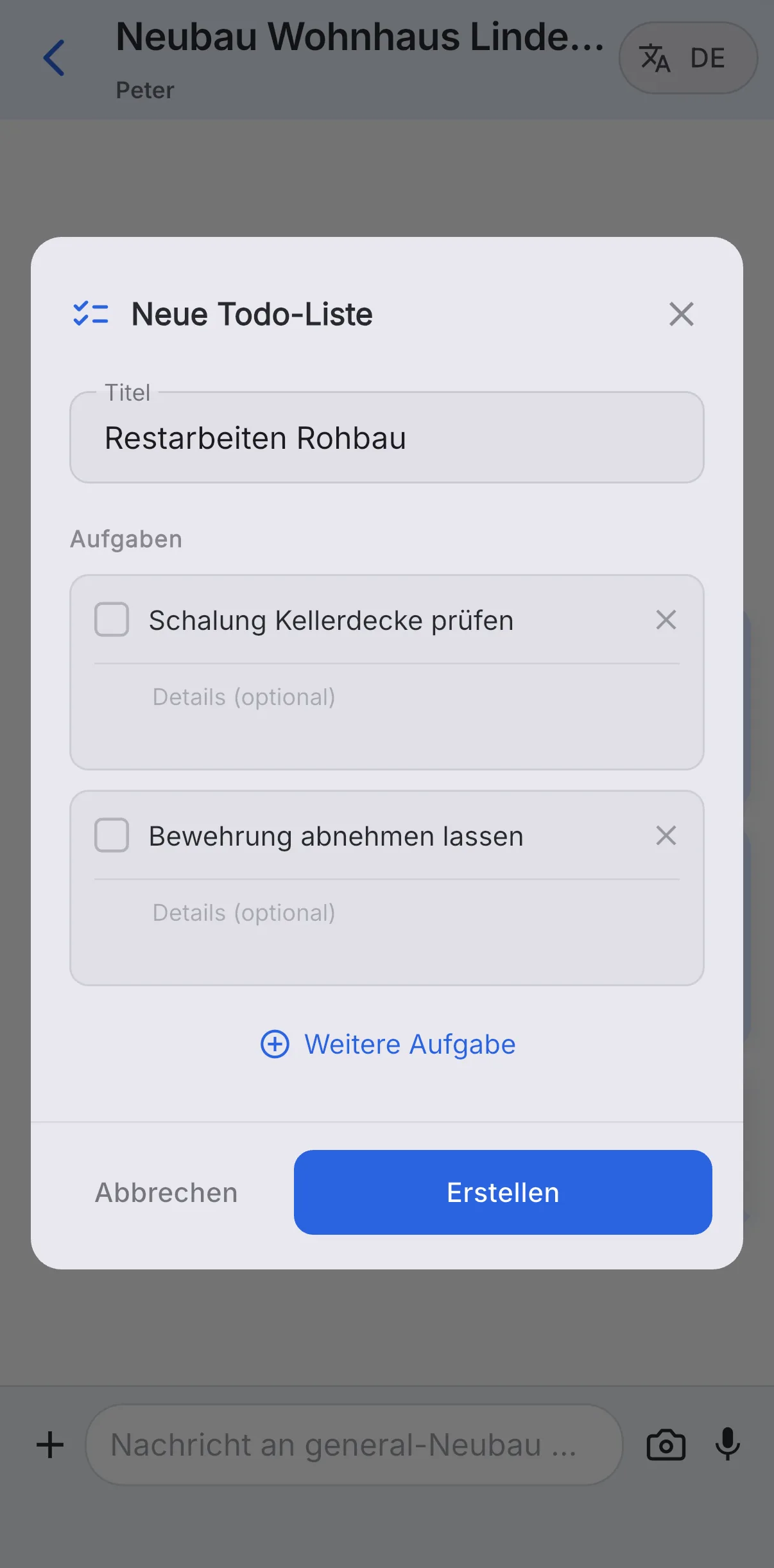 Skava: Dialog Neue Todo-Liste mit dem Titel Restarbeiten Rohbau und zwei Aufgaben