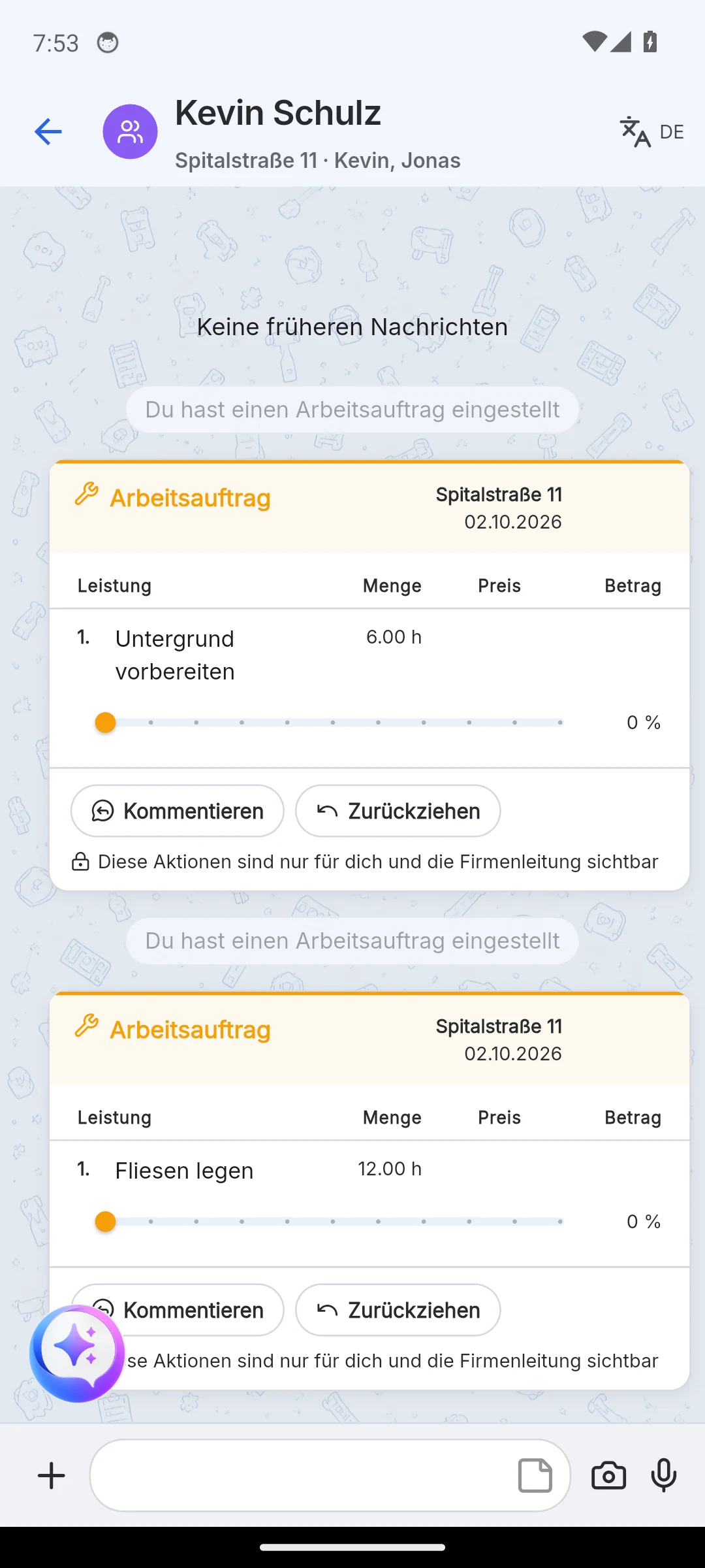 Skava Mobile-App: Arbeitsauftrag im Chat der Kolonne