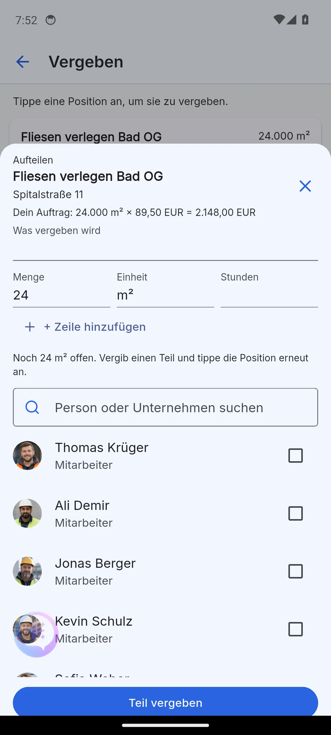 Skava Mobile-App: Position aufteilen mit Menge, Stunden und Personenliste