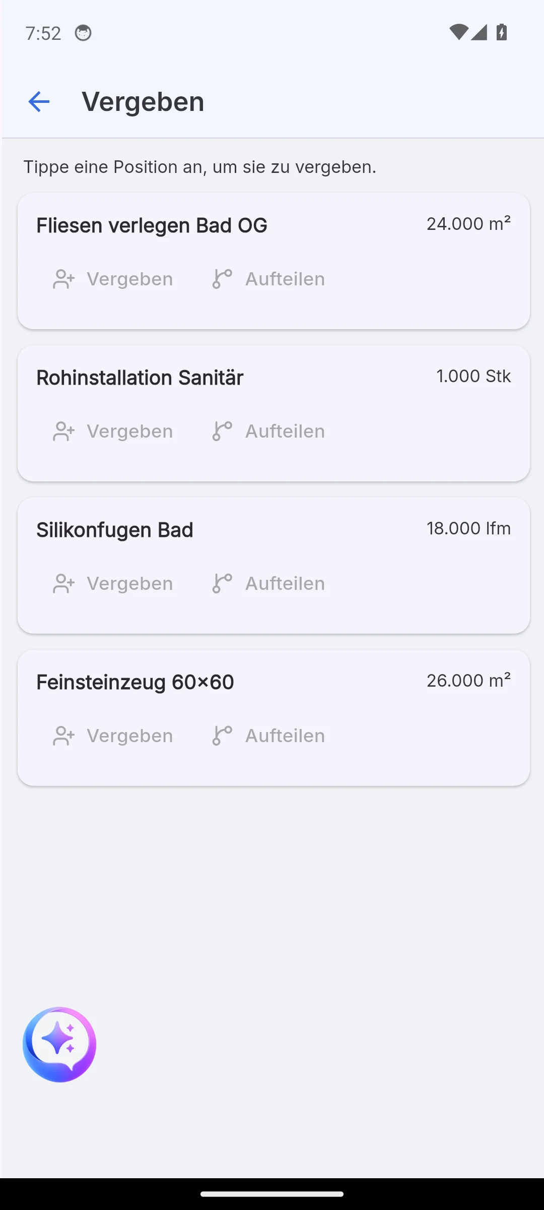 Skava Mobile-App: Vergabe-Seite mit den Positionen der Auftragsbestätigung und den Knöpfen Vergeben und Aufteilen