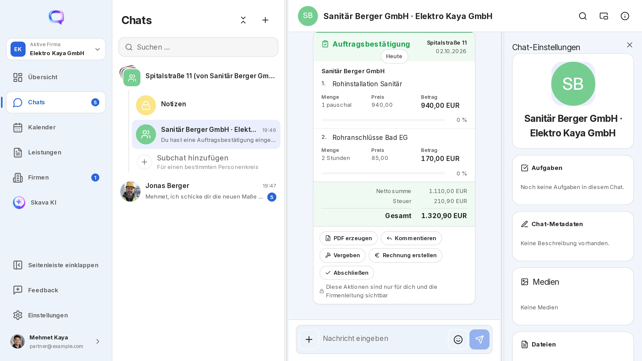 Skava Webapp: Verhandlungs-Chat Sanitär Berger GmbH · Elektro Kaya GmbH mit Anfrage und Auftragsbestätigung